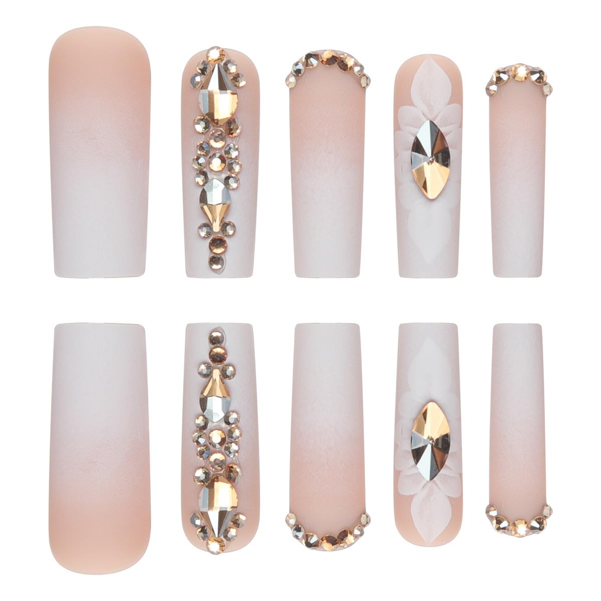 Press on Nails Long Coffin Fake Nails Pink White Ombre False Nails with Gold Rhinestones Designs Glue on Nails Full Cover Matte Acrylic Artificial Nails Luxury Flower Stick on Nails for Women 24 Pcs - Image 2