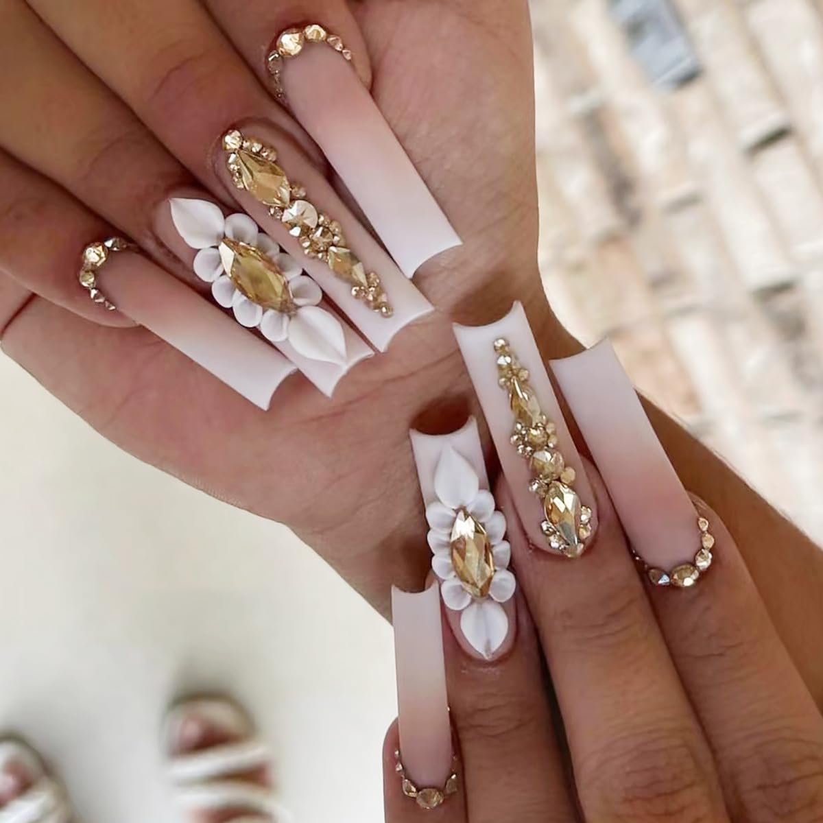 Press on Nails Long Coffin Fake Nails Pink White Ombre False Nails with Gold Rhinestones Designs Glue on Nails Full Cover Matte Acrylic Artificial Nails Luxury Flower Stick on Nails for Women 24 Pcs