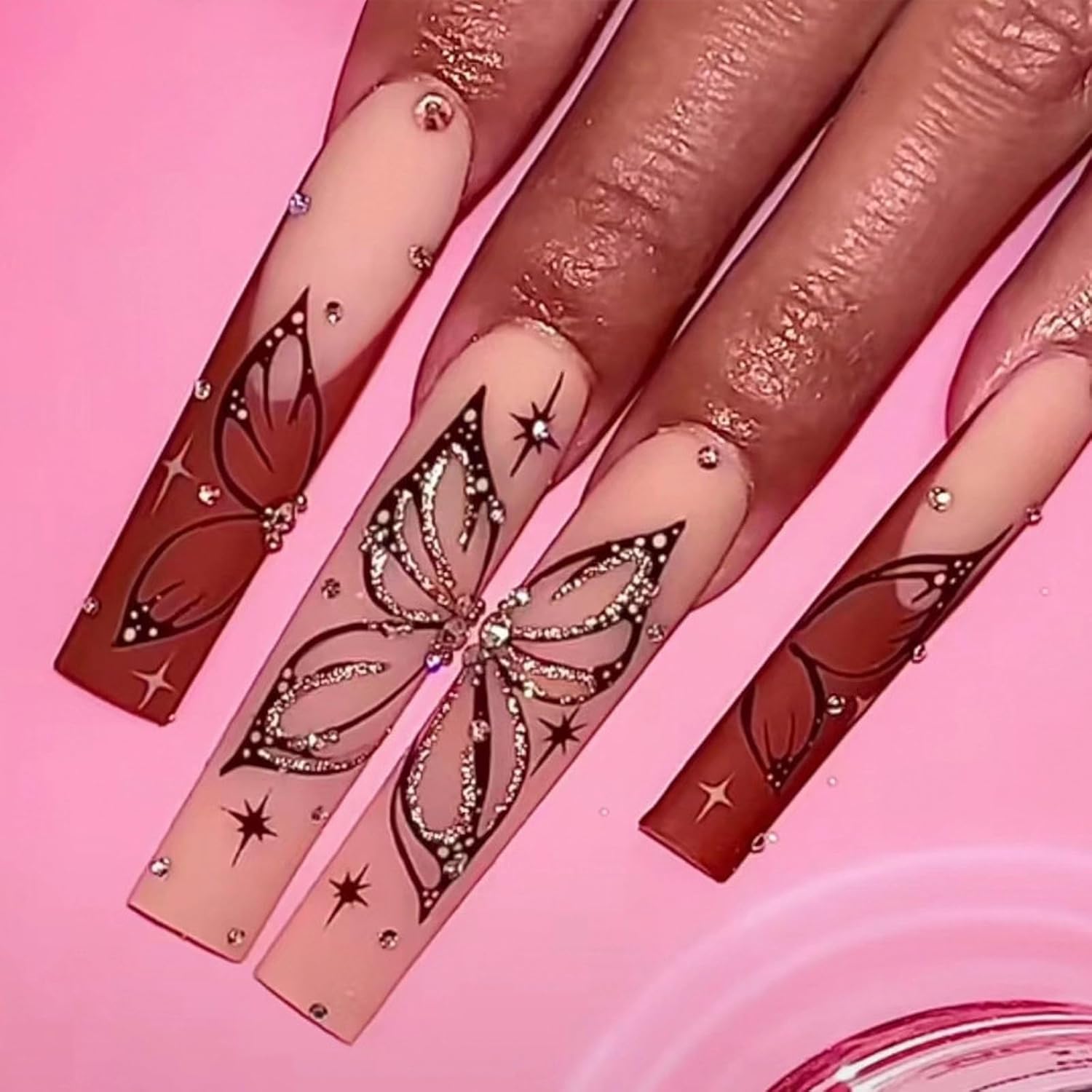 Press on Nails Long Square Fake Nails Brown Fall Glue on Butterfly Design Rhinestone Shiny Y2k 24Pcs Squoval Manicure French Tip Acrylic False Nails for Women and Girls - Image 2