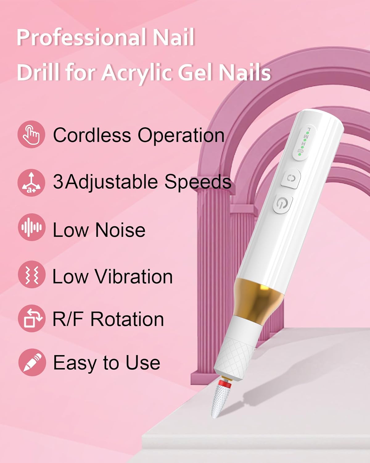 Nail Drill,Cordless Electric Files for Gel Nails E-File Manicure Kit Women Rechargeable Drill para Uñas Profesional Machine Grinder Acrylic White (M918) - Image 2
