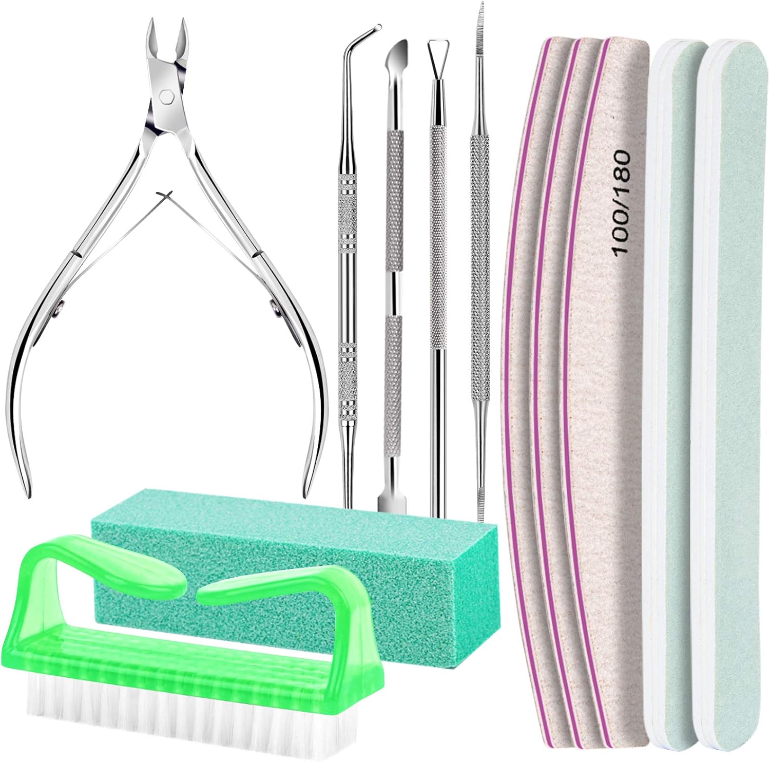 Nail Tools, Nail Care Kit, Nail Files 100/180, Nail Buffer Block, Cuticle Nippers, Cuticle Pusher, Cuticle Peeler, Nail Lifter for Ingrown Toenails, Toenail File, Manicure Kit, Green